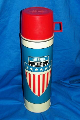 Vintage 1975 Thermos King Seely Bottle Red White Blue American Flag Shield Old