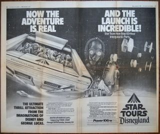 Walt Disney Star Tours 1987 Newspaper Double - Page Spread Big Ad Poster Star Wars