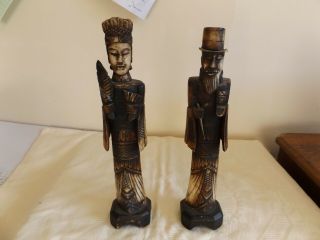 Pair Antique Chinese 12 " Hand Carved Bovine Bone Emperor Figures Empress Statues