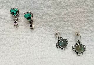2 Vintage Sterling Silver And Gemstone Pierced Earrings