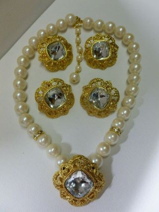Vintage Avon Blue Ice Topaz Rhinestone Faux Pearl Necklace & 2 Pairs Earrings