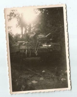 Ww2 Photo - U.  S Soldier On Top Of Destroyed German Tank In France