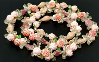 Vintage Pink Flowers Lucite Floral Beaded Necklace 26 "