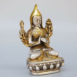 Collect Old Miao Silver Gilding Hand - Carved Buddhism Exorcism Bodhisattva Statue 3
