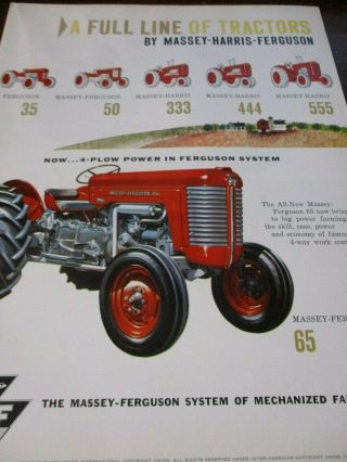 Massey - Harris - Ferguson 35 - 50 - 65 - 333 - 444 - 555 Tractors Sales Brochure/foldout 1958
