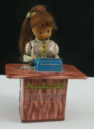 Vintage Tin Wind Up Miss Busy - Bee The Typist No Box Bright Colors