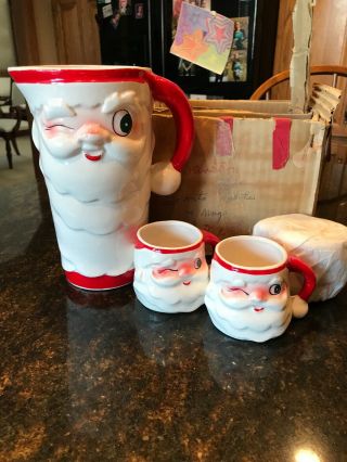 1960 Holt Howard Christmas Winking Santa Pitcher & 3 Mugs Set Japan Ceramic