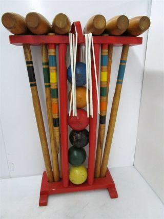 Vintage Wooden Croquet Set: 6 Mallets,  6 Balls,  9 Wire Wickets,  2 Stakes,  Holder