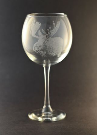 Etched Moose On Large Elegant Wine Glasses - Set Of 2