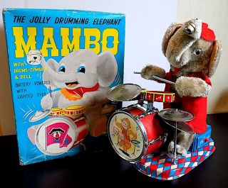 Vintage Tin Battery - Operated Mambo Jolly Drumming Elephant,  Alps Co.  Japan Nmib