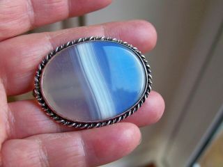 Vintage 925 Sterling Silver Jewellery Stunning Blue Agate Chalcedony Brooch Pin