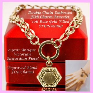 1920s Antique Victorian Ornate Fob Charm Double Chain 10k Rose Gold Gf Bracelet