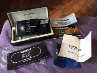 Vintage Olympus Xa Camera W/ A11 Flash,  Box & Papers - Camera Exc
