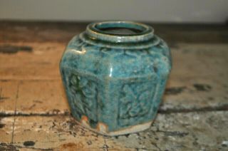 Antique Chinese Green Glazed Pottery 6 Sided Ginger Spice Jar Early 1900 