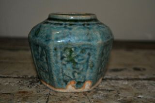 Antique Chinese Green Glazed Pottery 6 Sided Ginger Spice Jar Early 1900 ' s 2