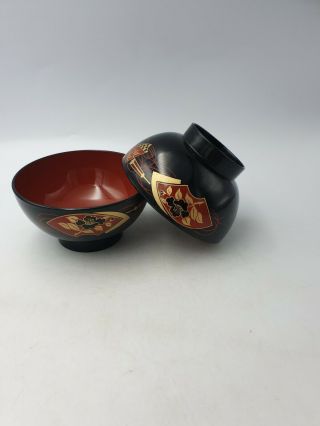 Vintage Japanese Black Lacquer Ware Bowls Gold Hand Fans Motif Red Interior Pair