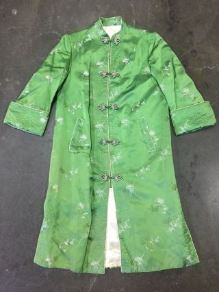 Vintage 1950s Chinese Green Silk Brocade Coat Quilted Frog Closures Symbols