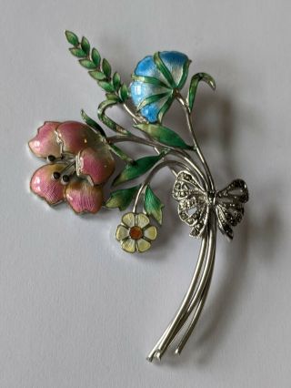 Antique Art Deco Sterling Marcasite Enamel Flower Pin Brooch