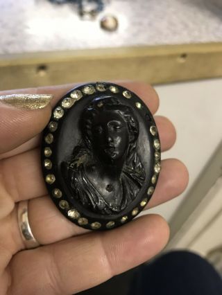 Large Victorian Brooch Paste Stones Laquered Mourning Black Cameo