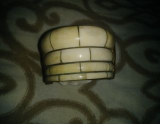 Vintage Layered Bone Brass Repousse Inlay Pinned Hinged Cuff Bangle Bracelet