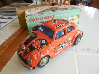 Japan Tin Battery Operated Vw Volkswagen Beetle Car,  W/ Box,  Race Love Bug