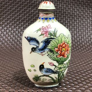 Chinese Old Cloisonne Collectible Antique Handwork Lotus & Birds Snuff Bottle