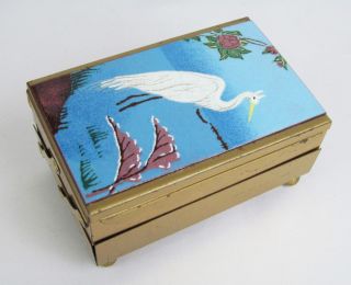 Vintage Cloisonne Enamel Egret Crane Bird In Water Folding Metal Box Container