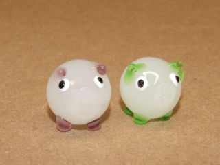 2 Vintage Frosted Green Purple Murano Blown Glass Miniature Pig Figurines Set 1 "