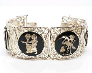 Vintage Signed German Silver Black Glass Egyptian Revival Story Panel Bracelet