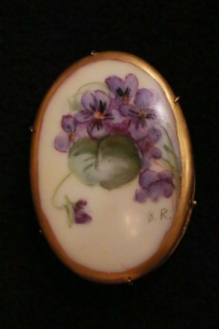 3 " X 2 " Oval Handpainted Porcelain Floral Design Brooch (signed J.  R. ) On Brass