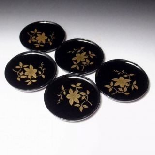 Nc13 Vintage Japanese 5 Lacquered Wooden Small Tea Plates,  Gold Makie Decoration