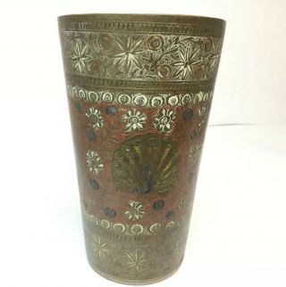 Large Antique Indian Enameled Brass Lassie Cup,  Peacocks C1900