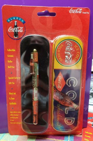 Coca Cola Collectible Gift Tin Case With Ceramic Roller Ball Pen (1996) -