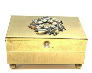 Vintage Brass Rhinestone Repousse Small Jewelry Box