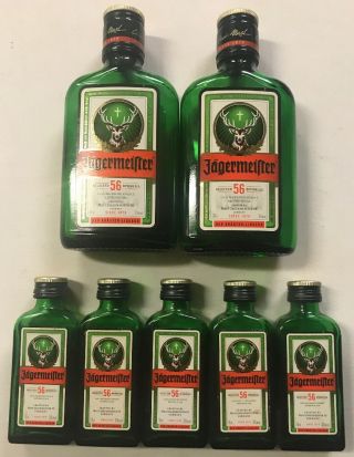 7 Empty Jagermeister Bottles W/ Caps For Arts & Crafts Emerald Green Glass