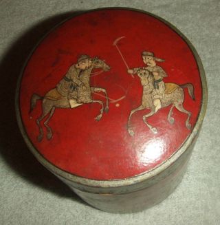 Antique Persian Papier Mache Spice Pot Hand Painted Decorated With Polo Players. 2