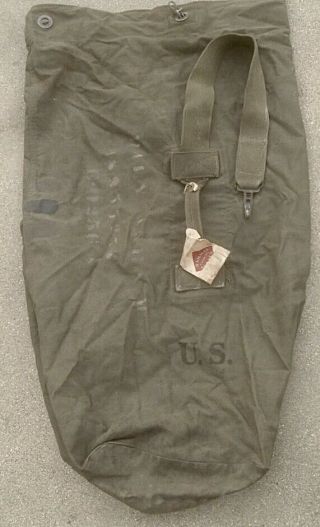 Wwii Us Army Green Canvas Duffle Bag With Railway Tag Dated 1943