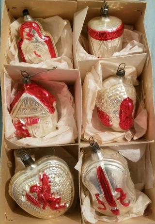 Vintage Glass Christmas Ornaments Box 6 W.  Germany Turkey Heart Cuckoo Clock