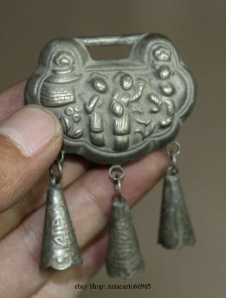 7.  5cm Chinese Old Miao Silver Dynasty Palace Figures People Child lock up locked 3