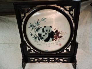 Large Double Sided Silk Embroidery Pandas - Rotating Frame With Box