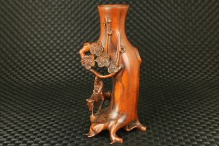 Chinese Old Boxwood Hand Carved Plum Blossom Sage Statue Vase