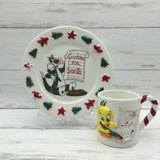 1994 Wb Studio Store Sylvester Tweety Cookies For Santa Plate And Mug Christmas