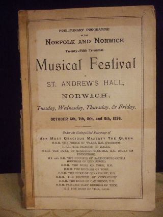 Vintage 1896 Norwich Norfolk Music Festival Program Programme St Andrews Hall
