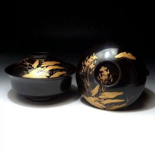 Od14: Vintage Japanese Lacquered Wooden Covered Bowls,  Gold Makie,  Butterfly