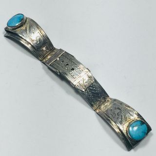 Great Vintage Solid Sterling Silver Mexico Watch Band 2 Turquoise Stones 32.  5g