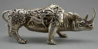 Chinese Old Copper Plating Silver Beast Kirin The Rhino Rhinoceros Statue F02