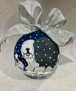 Old English Sheepdog 4” Hand Painted Shatter Proof Ornament Midnight Blue