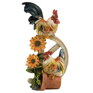 Rooster And Hen On Flower Pot Chicken Figurine Statue 10.  75 " High Resin