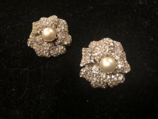 Stunning Designer Signed Ciner Clear Rhinestone Flower Earrings Clips Must Have