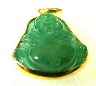 Vintage Carved Green Jade Buddha Intaglio Gold Charm Fob.